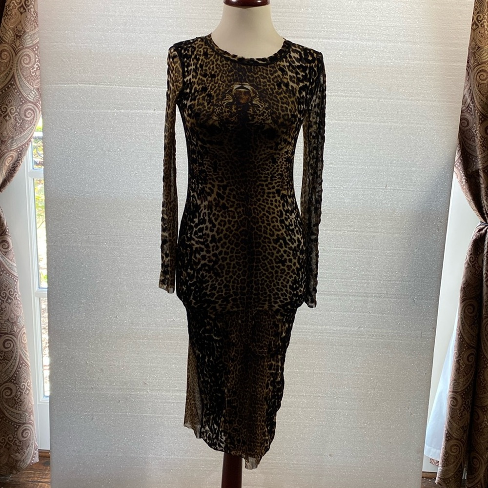Jean Paul Gaultier Leopard-Print Long Sleeve Dress in Brown and Black - Picture 2 of 11